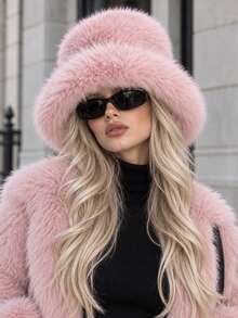 1 pieza Sombrero de cubo de mujer estilo Y2K esponjoso y grueso de piel, adecuado para días extremadamente fríos, actividades al aire libre en la nieve, uso diario, cálido en invierno - Rosa Fucsia - Ver 9