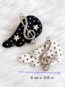 2pcs/Set Musical Note Angel Wing Hair Clips | Black & White Polka Dot Edge Clips | Vintage Sweet & Cool Hair Accessories - Black and White - View 2
