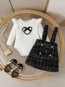 2pcs/Set Baby Girl Princess Style Outfit, Ribbed Flutter Sleeve Heart Bow Bodysuit + Tweed Plaid Overall Skirt, Pearl Button Embellishment, Soft Skin-Friendly Fabric, Vintage Chic, Suitable For Outings, Photoshoots, First Birthday, Sweet Spring/Autumn Set, Cute Versatile Elegant - Black - View 2