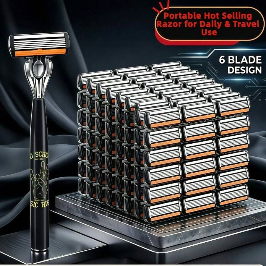 Men's Manual Shaving Razor With 6 Blade Design, Anti-Slip Handle, Replaceable Razor Heads, Portable Manual Razor For Daily Home And Travel Grooming