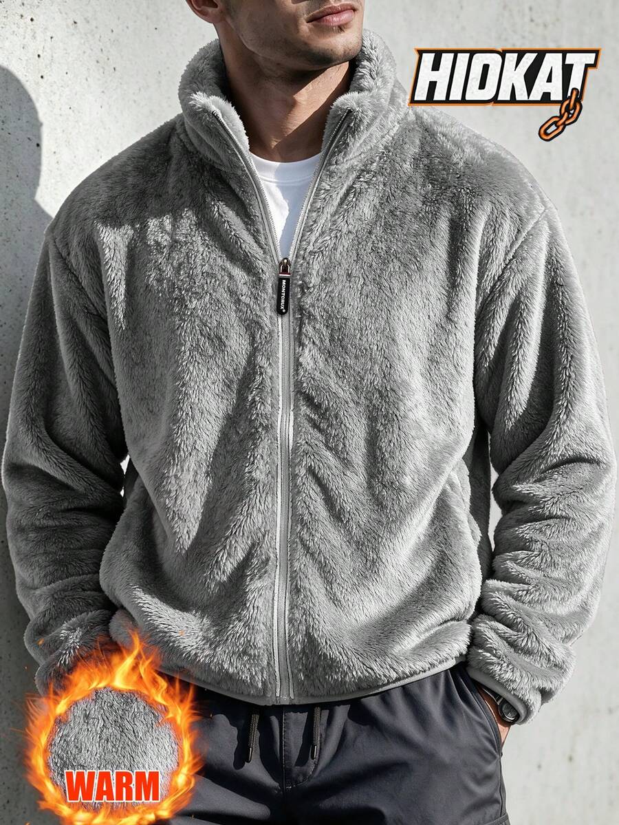 Men's Autumn/Winter Stand Collar Fleece Jacket, Thickened Thermal Lining, Solid Color, Versatile Zipper Closure, Casual Outdoor & Home Wear - Grey - View 1