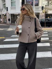 Vintage Stand Collar Short Wool Blend Jacket, Long Sleeve With Side Pockets - Light Grey - View 4