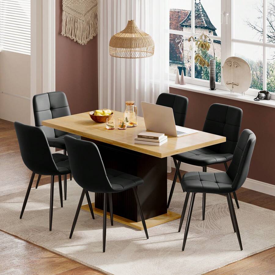 Extendable Dining Table And Chairs Set Of 6, Rectangular Dining Table With Storage Rack And Padded Chairs, Durable Dining Furniture Set Suitable For Dining Room And Kitchen - Wood & Black Table + Black Linen Chair - View 1