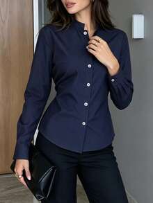 minisummer Women Fall Navy Mandarin Collar Waist Belt Shirt, Adjustable Buckle Back Strap Slim Fit Long Sleeve Office Blouse - Royal Blue - View 9