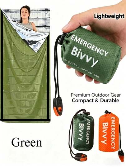 1 pieza Juego de saco de dormir de emergencia para coche, incluye saco de dormir cálido, bolsa con cordón y silbato, manta de emergencia para supervivencia al aire libre, saco de dormir aislado con película de poliéster, equipo portátil y ligero para exteriores, kit de supervivencia impermeable y a prueba de viento, perfecto para senderismo, camping, montañismo, viajes, emergencias en el coche, aventuras al aire libre y rescate de supervivencia.
