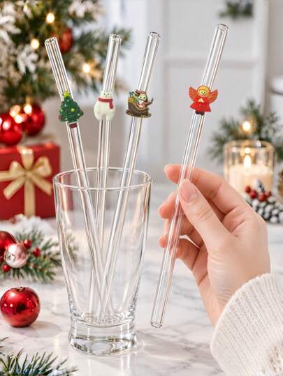 4PCS Reusable Bent Glass Drinking Straw, Clear Borosilicate Straw Adorned With Christmas Tree, Angel, Polar Bear, Santa Sleigh, For All Hot Cold Beverages, Festival Gathering, Wedding Birthday, Ideal Gift For Loved Ones, Christmas Theme