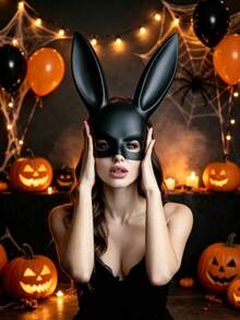 Women's Rabbit Ear Mask, Black/White Optional, Halloween Costume Party Cosplay Half Face Party Accessory - A - View 2