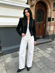THREADLY 春/秋新款女式新中式風格鈕扣領長袖墊肩修身西裝外套 黑色 - 黑色 - 查看 2