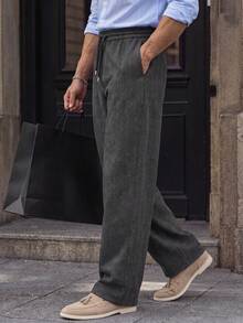 Men Fall Vintage Dark Grey Herringbone Wide Leg Pants, Elastic Waist Drawstring Relaxed Trousers With Pockets, Business Daily Holiday Bottoms - Dark Grey - View 2