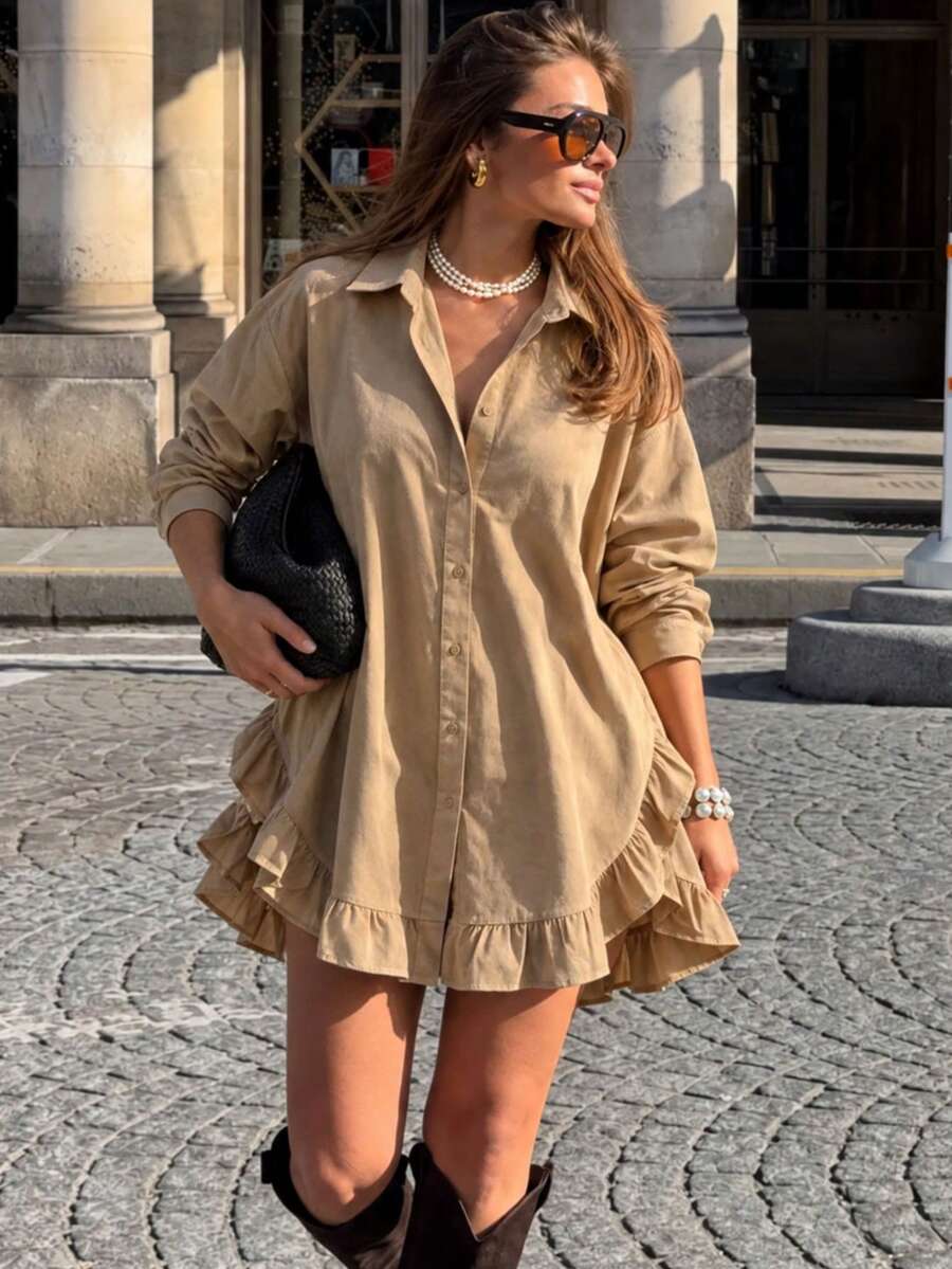 Women's Linen Blend Shirt Dress, Ruffle Hem, Stand Collar Button Design, Long Loose Fit, Spring Summer Daily Outing, Street Style And Vacation Casual Long Dress, Casual Cold Shoulder Long Sleeve White Ruffle Front Button Shirt, Spring Summer, Women's Spring Casual Solid Color Front Button Ruffle Shirt Spring Summer Autumn - Brown - View 1