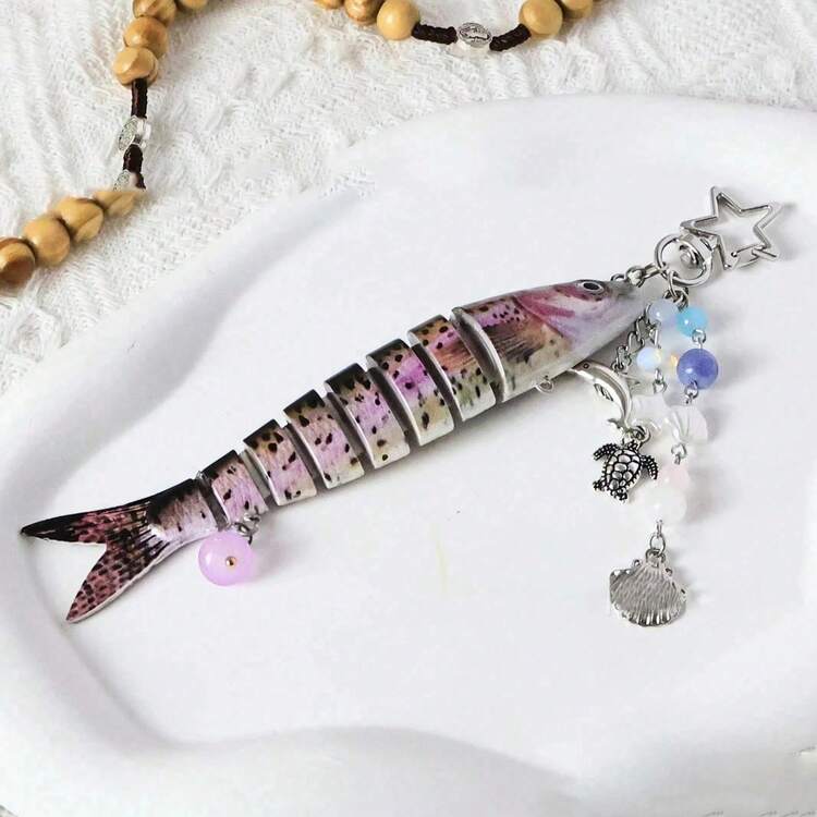 可愛魚形鑰匙圈，珠飾星形龜殼吊飾鑰匙環，獨特海洋主題配件，適合背包、手提包與車鑰匙裝飾 - 彩色 - 查看 12