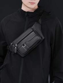 Men's PU Waist Bag Multifunctional Large Capacity Chest Bag, Casual Sports Portable Mobile Phone Crossbody Bag - Black - View 1