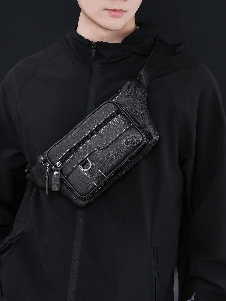 Men's PU Waist Bag Multifunctional Large Capacity Chest Bag, Casual Sports Portable Mobile Phone Crossbody Bag - Black - View 1