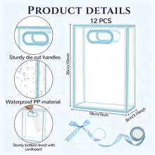 1/4/12pcs Transparent Gift Bags With Ribbons, Suitable For Baby Shower, Graduation, Wedding, Bridal Party, Birthday Party, Business Occasions, With Cut-Out Handles, Reusable PP Material, 7x10x3.15 Inches (Blue) - Blue - View 7