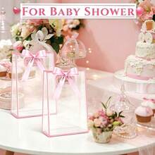1/4/12pcs Transparent Gift Bags With Ribbons, Suitable For Baby Shower, Graduation, Wedding, Bridal Party, Birthday Party, Business Occasions, With Cut-Out Handles, Reusable PP Material, 7x10x3.15 Inches (Pink) - Pink - View 3