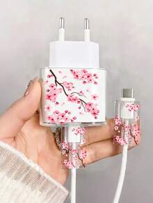 1組浪漫花卉歐標充電器保護套，精緻美學印花防護組，防塵耐磨延長數據線壽命，相容歐標18W/20W快充保護套，平價溫馨週年禮物 - 落櫻捨春 - 查看 8