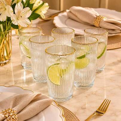 Jogo 6 Copos Long Drink Borda Dourada Graffiato 370ml