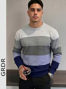 GRDR Men's Round Neck Casual Colorblock Long Sleeve Knit Sweater - Blue - View 4
