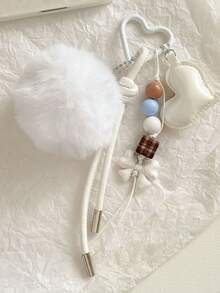 Korean Cute Fluffy Pom-Pom Beaded Keyring, Carabiner Phone Lanyard Bag Accessory - Multicolor - View 10