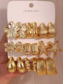 Set Anting-Anting Emas Tebal Vintage Multi-Gaya 2-6-18 Buah, Anting-Anting Bentuk Bunga, Bintang Laut, Kerang & Geometris - Emas - View 8