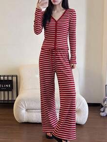 2pcs/Set Women's Pajamas Loungewear Set, Open Front V-Neck Striped Fashion Minimalist Long Sleeve Pants, Easy Care Fabric (Random Print) - Red - View 5