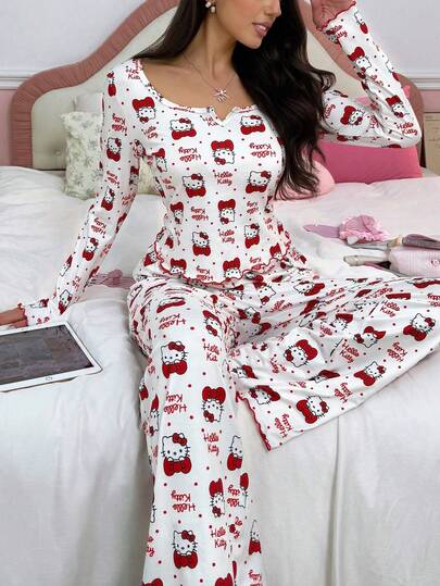 Noctvar OBM Sleepwear X Hello Kitty Hello Kitty Women's Loungewear Set, V-Neck Long Sleeve Top + Loose Pants 2-Piece Set, Cute Ruffle Trim, Casual Comfortable Home Pajama Set