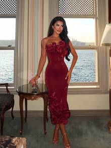 Elegant Women's Long Knit Pencil Dress With 3D Rose And Rhinestone Decor, Sleeveless Strapless Party Dress, Slightly Stretchy - Burgundy - View 4