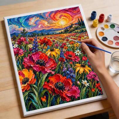 1 Set Profesional de Pintura al Óleo Digital para Adultos para Uso Artístico, DIY de Coloreado, Paisaje Vibrante de Flores Marinas y Cielo Estrellado Remolinado, 40x50cm/15.7x19.6 pulgadas, Diseño sin Marco, Fácil de Aprender, Adecuado para Principiantes, Estudiantes de Arte, Aficionados, Decoración del Hogar, Actividades Familiares, Regalo Creativo Relajante, Regalo de Vacaciones, Set Plano 2D Incluye Pinturas, Lienzo, Pinceles