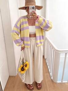 Women's Y2K Lavender & Pale Yellow Striped Cardigan, V-Neck, Dropped Shoulder, Long Sleeve, Vacation Style, Loose Casual Versatile For Autumn/Winter - Purple - View 5