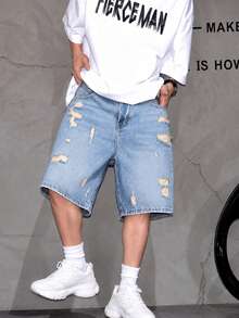 Men's Summer Street Fashion Distressed Washed Denim Shorts - Light Wash - View 3