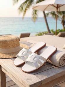 White Cutout Interwoven Slide Sandals For Women, Chic Square Open Toe Flat Slippers, Summer Beach Vacation Daily Casual Footwear - White - View 6