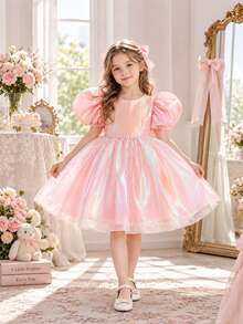 Young Girls Puff Sleeve Princess Dress Faux Pearl Dreamy Colorful Organza Party Princess Dress Suitable For Girls Birthday Party Evening Gala Ball Wedding Flower Girl Bridesmaid Dress - Baby Pink - View 6