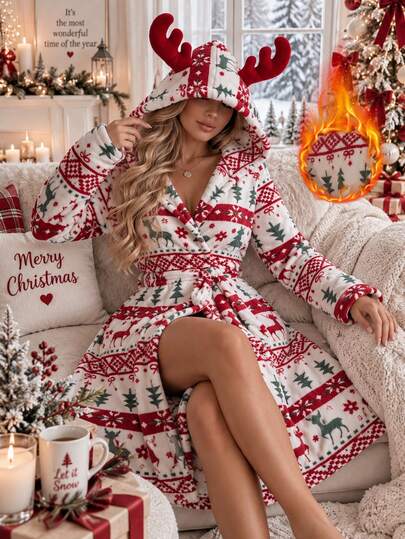 Women's Autumn/Winter New Christmas Style Hooded Bathrobe, Cute Deer Horn Decoration + Reindeer Print, Coral Fleece Thickened Warm Tie-Front Sleepwear, Comfortable Home Wear & Outerwear Pajamas