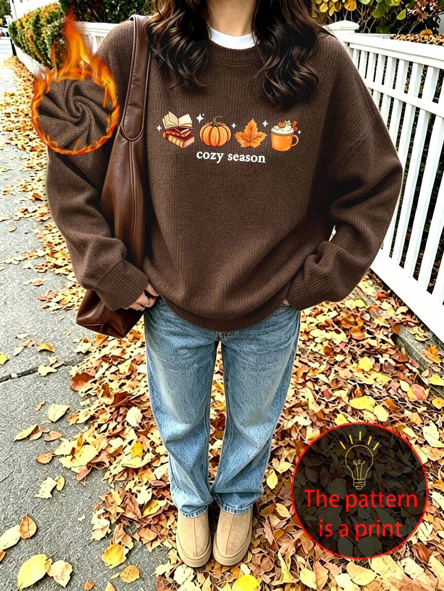 Pull décontracté en tricot synthétique pour femmes grandes tailles avec graphiques de citrouille, feuille d'érable et livre;polyvalent pour le port quotidien et parfait pour les tenues d'automne - Tabac - Voir 1