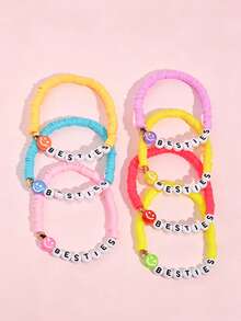 7pcs/Set Minimalist Smiling Face & Star Colorful Soft Clay Beaded Bracelet Set For Girls, Best Friends Daily Wear - Multicolor - View 5