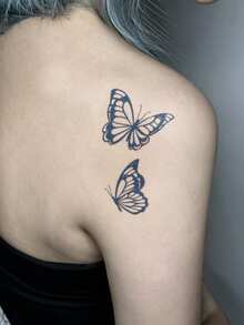 1pc Herbal Juice Semi-Permanent Magic Tattoo Sticker, INS Style Butterfly Design, Long-Lasting 14 Days, No Fading, Non-Reflective, Temporary Tattoo Sticker For Arm, Shoulder, Neck, Collarbone, Leg And Body - Blue - View 3