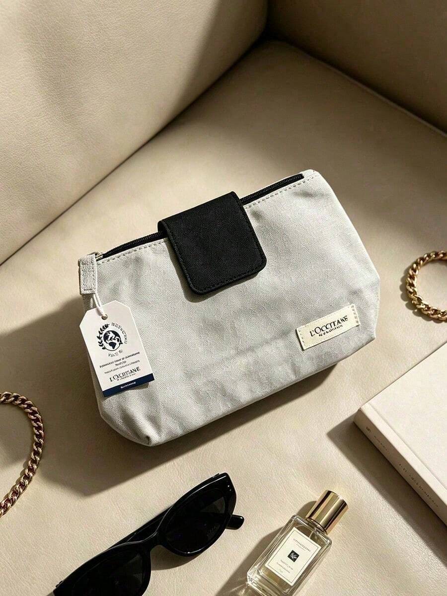 L'Occitane Light Gray Canvas Contrast Color Flap Makeup Bag, Large Capacity Portable Storage Pouch, Waterproof & Durable Skincare & Cosmetic Organizer, Travel Toiletry Bag For Business Trips, Minimalist Textured Wash Bag, Ideal Holiday Gift - White + Black - View 1