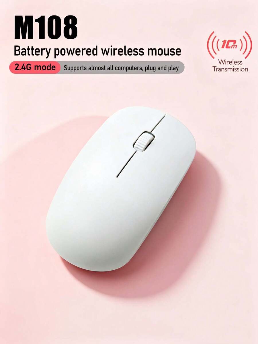 Slim Symmetrical M108 2.4G Wireless Mouse, Battery Powered,10M Stable Signal, Silent Anti-Slip Scroll Wheel, Ambidextrous Design, Plug&Play Portable Office Accessory For Laptop Desktop PC, 3 Colors(No Battery Included) - View 1