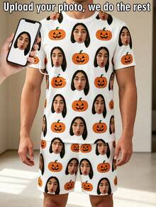 1pc Customized Girlfriend Face Photo White Pumpkin Halloween Pajama Set, Personalized Short Sleeve Top And Shorts Loungewear Sleepwear Gift - Multicolor - View 2