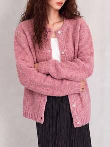 Women's Autumn/Winter New Pink Knitted Cardigan Jacket, Warm Round Neck Long Sleeve Button Short Sweater - Pink - View 1