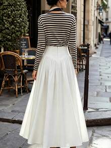 Autumn/Winter New Solid Color High Waist Pleated A-Line Long Skirt, French Elegant Full Skirt - White - View 3