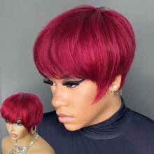 1 PC Short Straight Pixie Cut Wigs For Women Human Hair 6 Inch 180% Density Layered Machine Made Wigs With Bangs Black Color & BUG Red Color Pixie Wig Brazilian Remy Hair - SBUG - View 4