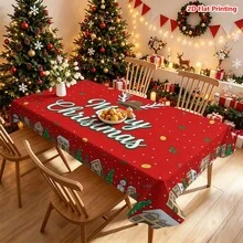 1件紅色背景聖誕主題桌布，中央手寫「Merry Christmas」文字搭配鹿角帽裝飾，周圍環繞小屋、雪人、聖誕樹、禮物盒、冬青葉與金箔點綴，適用於廚房餐桌布置、餐廳裝飾、野餐露營、派對場景、農舍風裝飾、桌面美化與營造節日氛圍 - 彩色 - 查看 17
