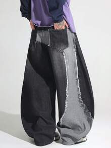 1pc Japanese Street Style Patchwork Raw Edge Men's Curved Leg Wide Leg Loose Comfortable Casual Fashion All-Season Versatile Commute Denim Pants - No Belt & Accessories - Black - View 6