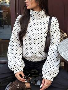女款秋冬時尚波點高領拉鍊設計落肩長袖休閒夾克，波點外套，返校穿搭，秋季夾克，秋冬夾克/外套 - 白色 - 查看 3