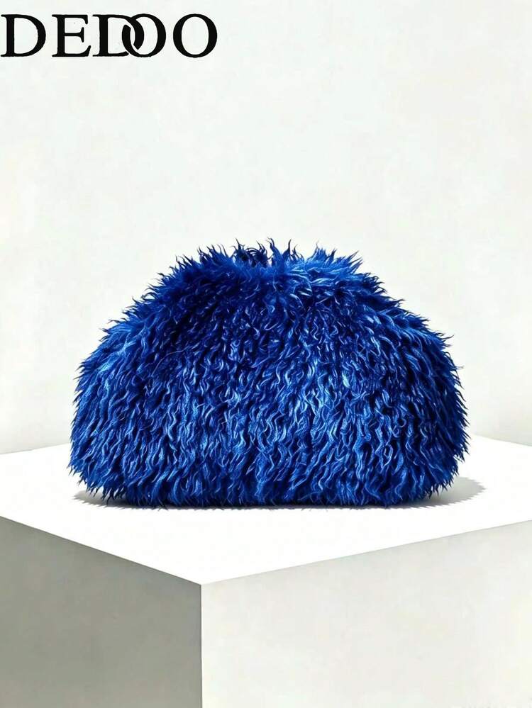 Dedoo Women's Cloud Clutch Bag, Solid Color, Long Curly Faux Fur, Magnetic Closure, Portable, Avant-Garde Y2K Style, Suitable For Parties, Dates, Autumn/Winter - Blue - View 2