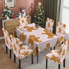 1PC/4PCS/5PCS/6PCS/7PCS/30PCS Light Pink Cute Gingerbread Man Print Tablecloth & Elastic Chair Cover Set, Non-Slip Washable Dining Tablecloth + Elastic Chair Covers, Suitable For Christmas Eve Dinner, Christmas Family Gathering, Holiday Party, Home Dining Table Decoration - Baby Pink - View 13