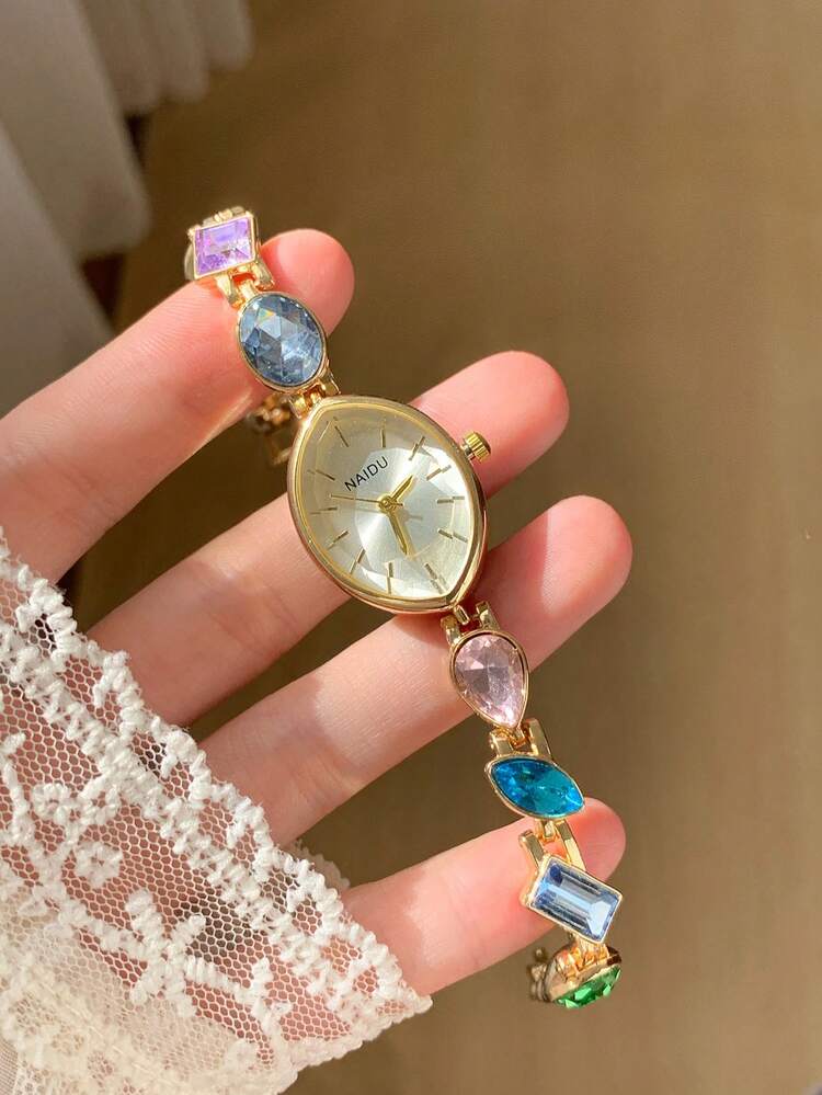 1pc Fashionable Oval Quartz Watch For Women, White Dial, Minimalist Markings, Colorful Rhinestone Inlaid Strap, Suitable For Daily Wear - Gold - View 3