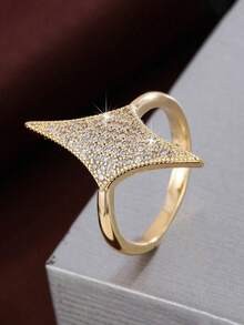 1pc Gold & Silver Tone Adjustable Open Four-Pointed Star Ring, Fully Pave Cubic Zirconia Women's Party Fashion Jewelry - Four-pointed Star - View 1