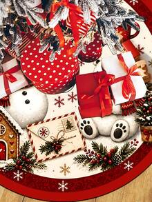 1pc Red Christmas Tree Skirt With Snowman And Bear Pattern, Classic Red Trim Snowflake Design, Round Base, Suitable For Standard Size Christmas Tree; Ideal For Winter Party And Home Holiday Decoration, Perfect Christmas Tree Accessory - Multicolor - View 4